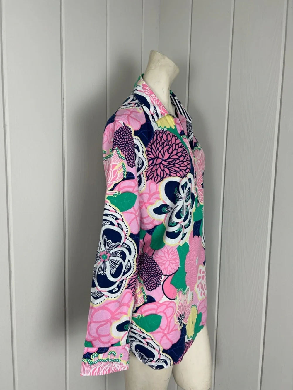 Talbots Floral Tunic Top Pink Blue Green Button Front Cotton Boho Preppy XL - Picture 3 of 10